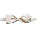 tied light grey silk bow tie with color stripe