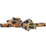 tied Purple bow tie with green and orange abstract geometric pattern