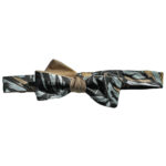 Black, tan, grey and white botanical printed batwing skinny bow tie (tied)