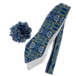 diamond point bow tie and matching flower pin in cool blue with yellow green and orange abstract print